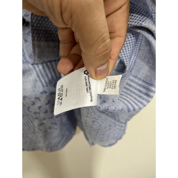 Linen Blend Boho Paisley Button Down Camp Shirt M Resort Patchwork Retro Blue - Picture 8 of 13